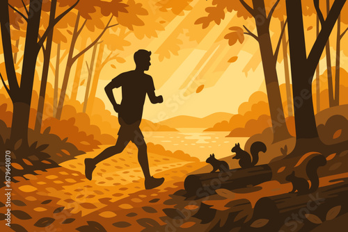 Runner enjoys a peaceful jog through a vibrant autumn forest filled with squirrels by the lakeside