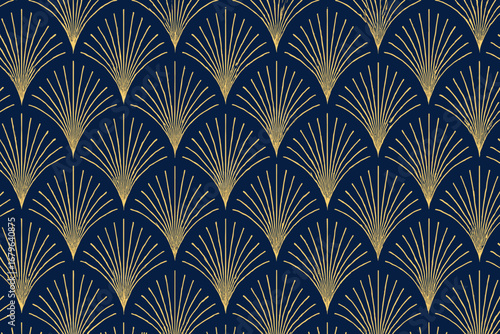 Elegant art deco pattern in navy blue and gold showcasing fan shapes and intricate details, perfect for contemporary decor