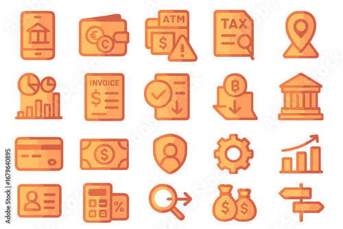 Financial icons representing banking, payment, and tax activities for digital platforms