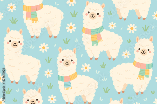 Cute cartoon llamas in colorful scarves on a blue background with flowers