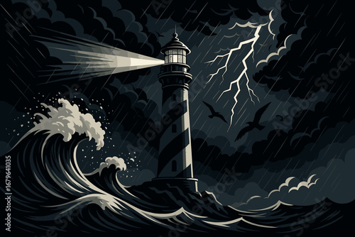 Stormy night at a lighthouse with crashing waves and lightning illuminating the sky