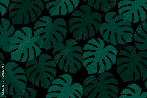 Dark green monstera leaves pattern creating a tropical feel in modern decor for home or office spaces