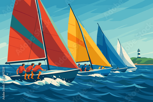 Sailors race vibrant boats across blue waters near a lighthouse on a sunny day
