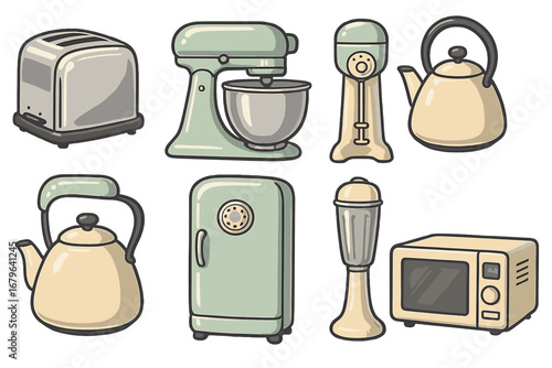 Classic kitchen appliances in a retro style with pastel colors displayed on a simple background, perfect for home decor inspiration