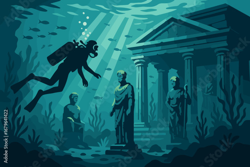 Scuba diver exploring ancient underwater city with Greek temple ruins and classical statues in deep sea illustration