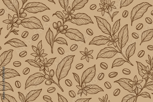 Seamless hand-drawn coffee plant pattern with beans, leaves, and flowers on kraft paper background, vintage botanical illustration