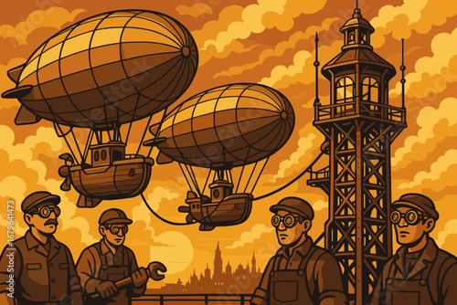 Steampunk airship engineers preparing dirigibles for flight at tower platform in retro industrial city, vintage illustration