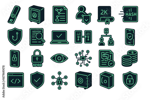 Set of cybersecurity and data protection icons in neon green outline on dark background, digital security vector collection