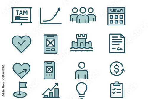 Modern business and startup icon set with gradient background, featuring growth charts, TAM, user interface, finance, and strategy symbols
