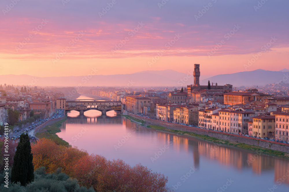 Obraz premium experience breathtaking sunset over historic architecture of florence where golden hues of dusk kiss ancient