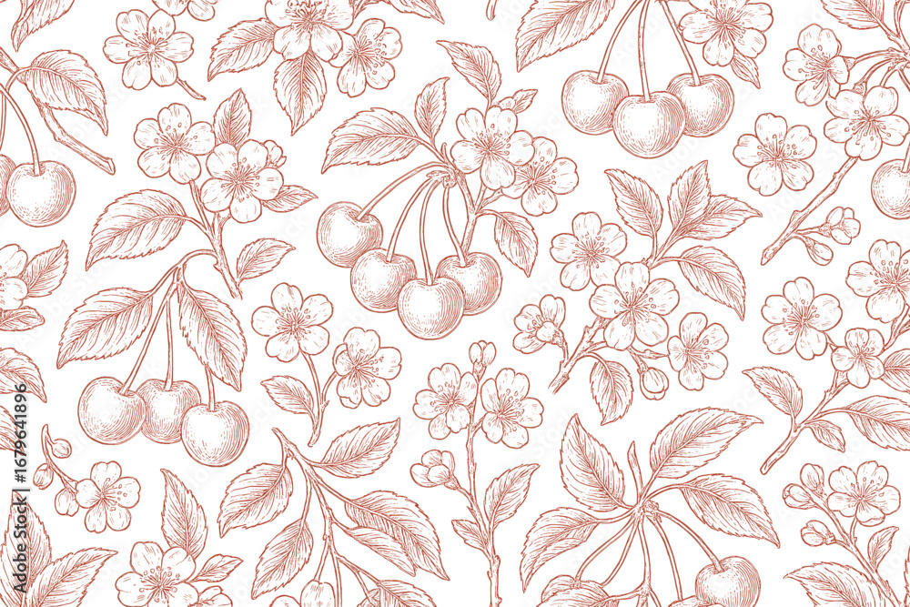 Obraz premium Floral and cherry pattern with detailed illustrations in soft pink tones for textile design