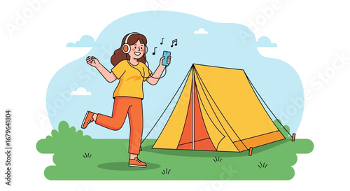 Joyful Female Camper Dancing With Music Near Tent Depicting Summer Relaxation Activities