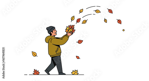 Joyful Figure Tossing Autumn Leaves in a Cheerful And Playful Outdoor Scene