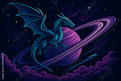 Mythical dragon soars in a cosmic landscape above Saturn during a vibrant purple night sky