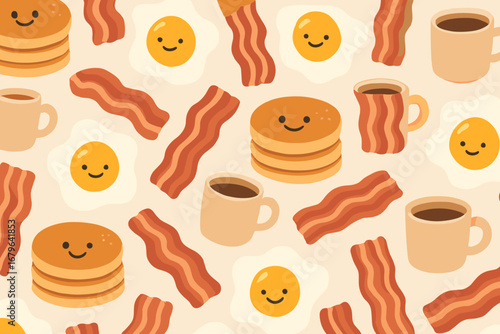 Breakfast pattern featuring pancakes, bacon, eggs, coffee cups, and cheerful faces creating a whimsical morning atmosphere