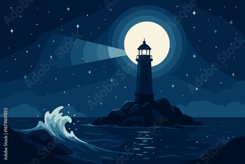 Lighthouse guides ships under a bright full moon illuminating the calm night ocean