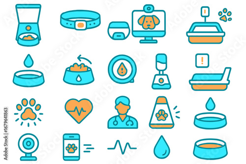 Collection of pet care icons showing feeding, monitoring, and health services in a vibrant design
