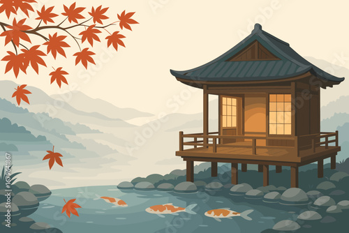 Traditional Asian pavilion overlooking a tranquil pond with koi fish and autumn leaves in a serene landscape