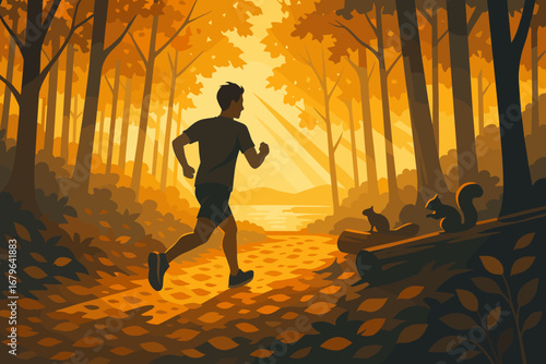 Runner enjoys a peaceful morning jog through a sunlit forest with squirrels on a serene path by the lake