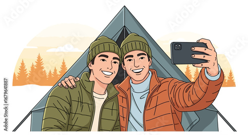 Joyful Friends Taking A Selfie While Camping In Nature's Embrace And Sunshine