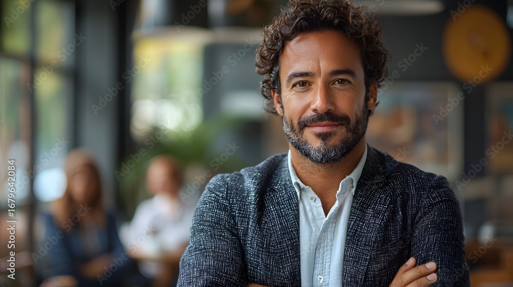 Obraz premium Confident professional man with curly hair and a beard smiling and looking directly at the in a modern indoor business setting