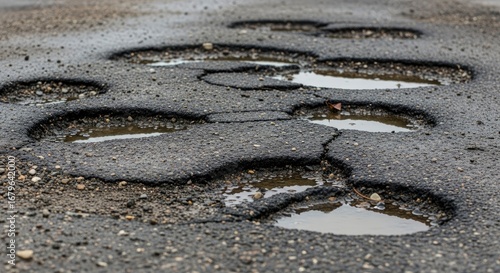 Asphalt road damage shows potholes filled with water after rain or flooding causing rough surface and hazard