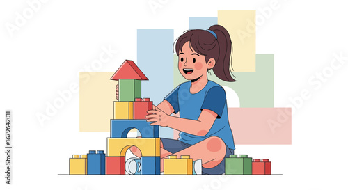 Joyful Girl Building a Colorful Structure with Blocks Illustrating Childhood Creativity