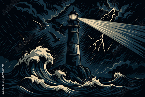 Stormy night with a lighthouse illuminating rough seas during a lightning storm