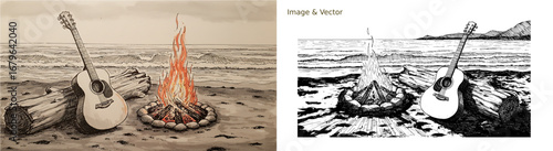 Acoustic guitar and Bonfire for a beach party - hand-drawn image and vector together