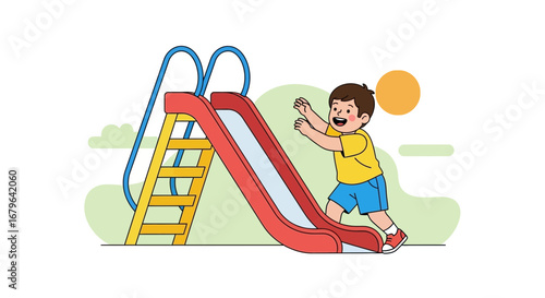 Joyful Boy Playing On Red Slide At Playground On Bright Summer Day