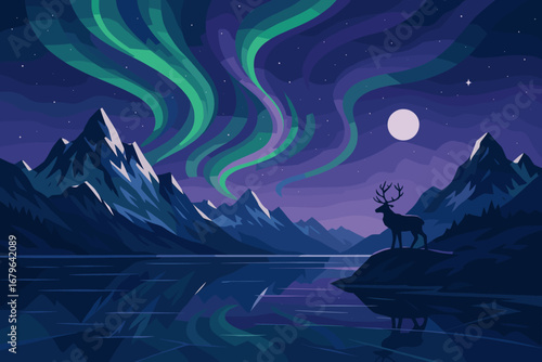 Majestic landscape featuring a reindeer under northern lights at a serene mountain lake at night