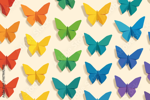 Colorful origami butterflies arranged in a vibrant display on a light background creating a cheerful ambiance