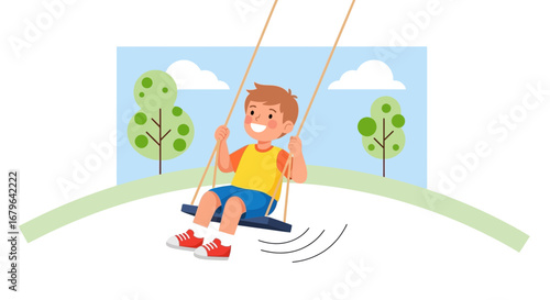 Joyful Boy Smiling While Swinging In Park, Having Fun on a Happy Sunny Day