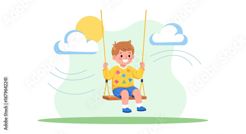Joyful Boy Swinging Outdoors Under the Clouds, Enjoying a Sunny Day With Happiness Around