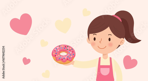 Joyful Girl Holding A Delicious Donut, Surrounded By Loving Heart Symbols