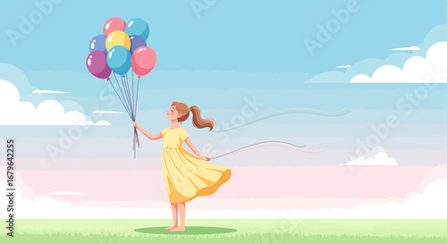 Joyful Girl Holding Balloons Under a Cloudy Sky Expressing Freedom and Delight