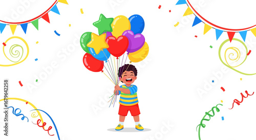 Joyful Boy With Balloons Ready To Celebrate A Special Event With Bright Colors