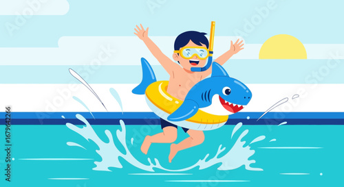 Joyful Boy With Floatie Enjoys A Summer Day At The Swimming Pool