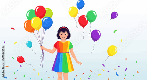 Joyful Girl Holds Balloons, Celebrating With A Rainbow Dress And Confetti