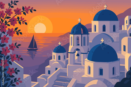 Sunset over santorini with white buildings and sailboat in the aegean sea
