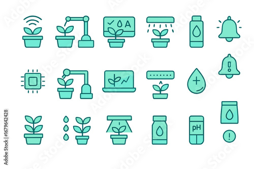 Smart agriculture technology icons set with glowing green symbols of plant monitoring, sensors, automation, and nutrients