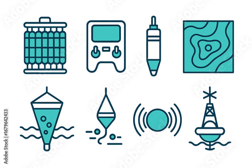 Neon oceanographic research icons including CTD rosette, sensors, sonar, buoys, and bathymetric maps