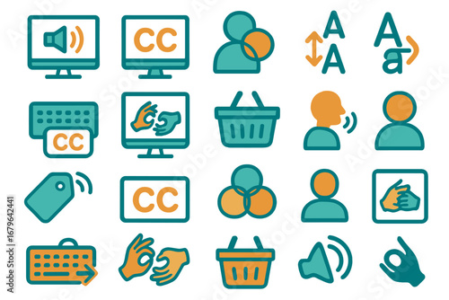 Collection of accessibility feature icons including closed captions, sign language, text options, and assistive tools