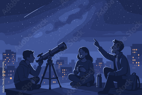 Friends stargazing on a rooftop with telescope under starry night sky and Milky Way in urban setting