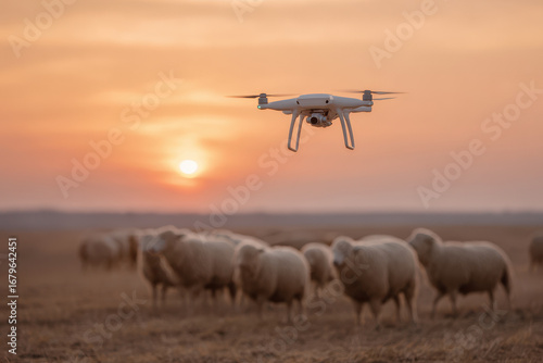 drone monitors remote pasture filled with grazing sheep at sunset creating stunning view