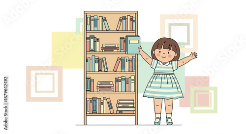 Joyful Girl Reaching For a Book Near Bookshelf Displaying Numerous Literature Titles
