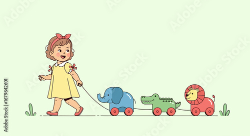 Joyful Girl Tugging Toys: An Adorable Illustration of Childhood Fun and Simple Play