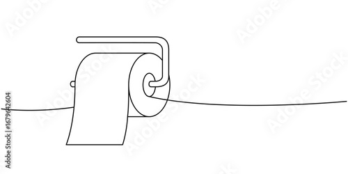 Toilet paper roll on metal holder one line continuous drawing. Hygiene toilet paper. Vector illustration