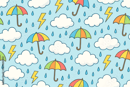 Whimsical seamless weather pattern with colorful umbrellas, rain clouds, lightning bolts, and raindrops on blue background