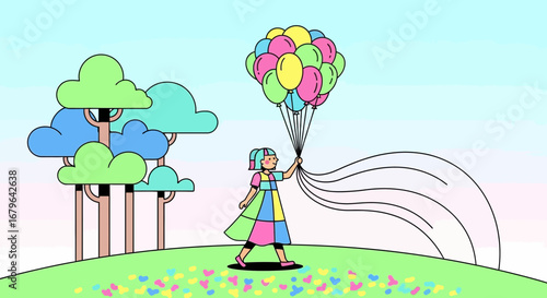 Joyful Girl With Balloons Embarks On An Imaginative Journey Over a Lively Field
